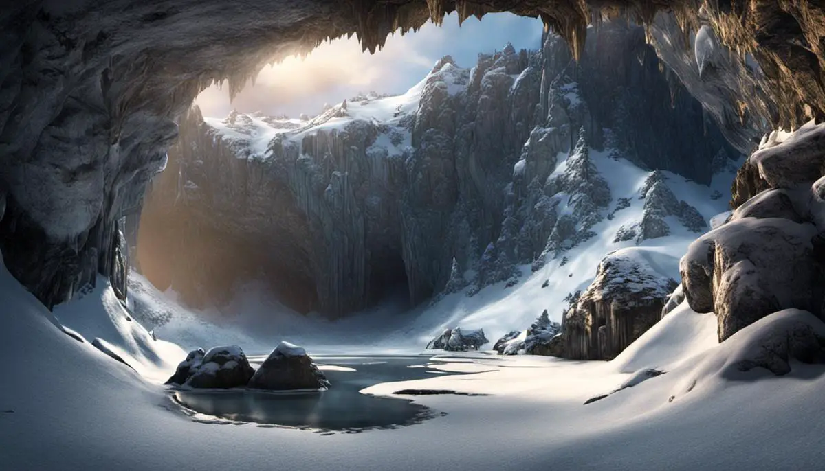Image description: A snowy mountain cavern with three Seelies and pedestals.