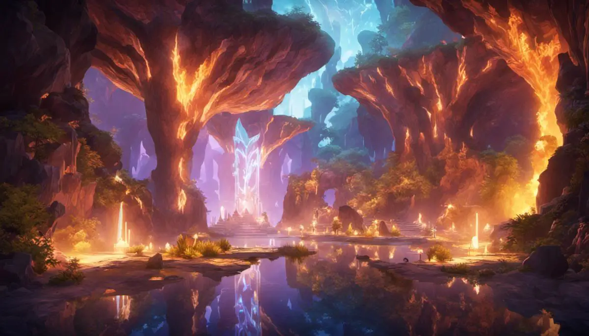 Image depicting the Starglow Cavern Puzzle, with the three Seelie and the four braziers, surrounded by the Dragonspine region in Genshin Impact.