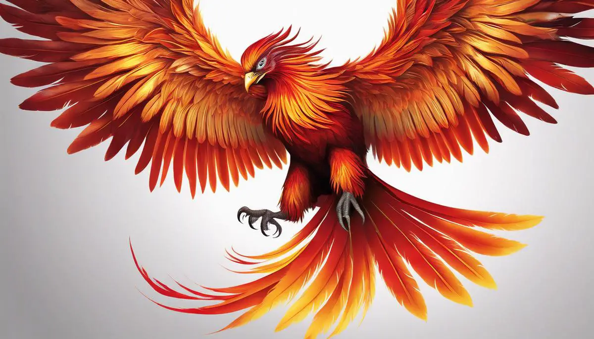 An image of a rising phoenix with vibrant red, orange, and gold feathers, symbolizing the competitive spirit and rebirth