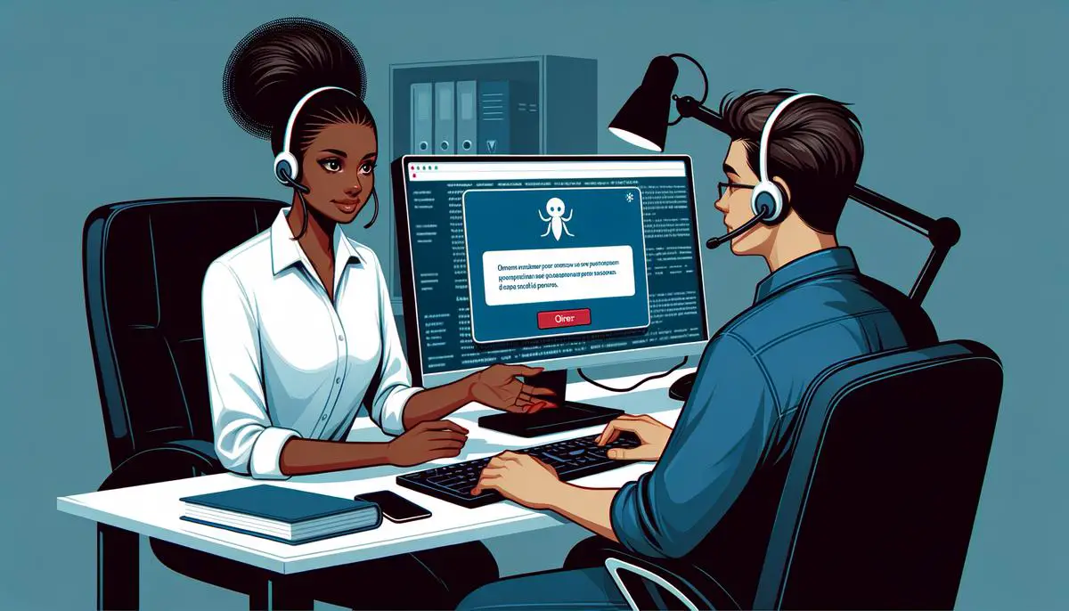 Image depicting a technical support agent helping a person with a computer issue