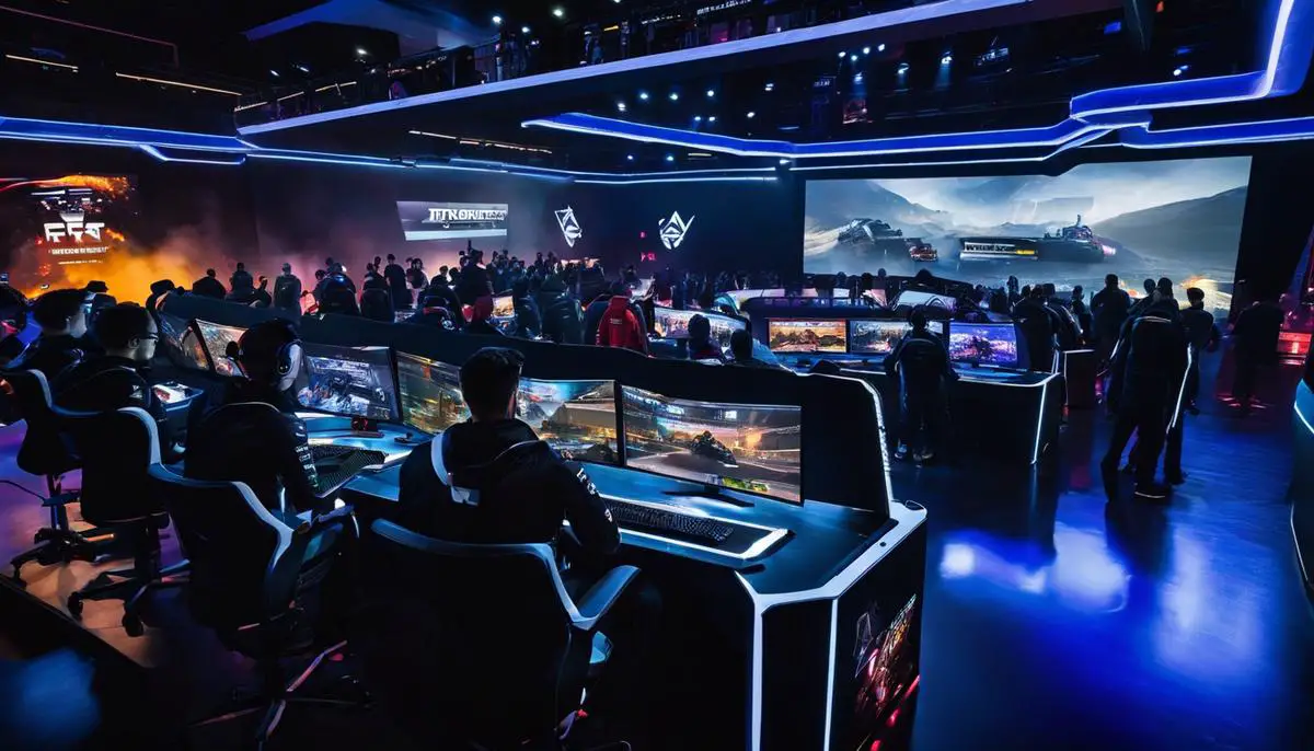 Image of a futuristic gaming setup with players and spectators immersed in the game, showcasing the advanced technologies used in CoD eSports tournaments.
