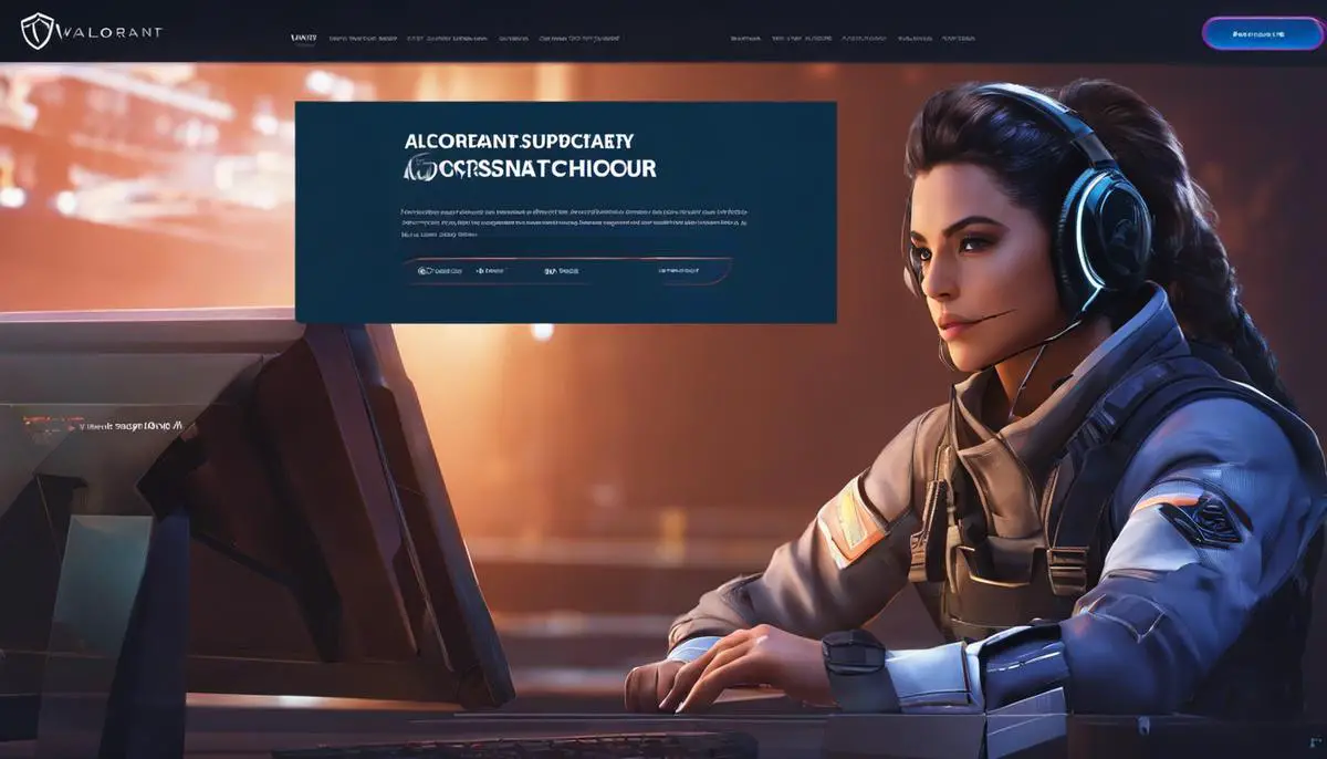 A person accessing the Valorant support page on a computer with a background image of the game's characters to symbolize the importance of submitting a support ticket for technical issues.