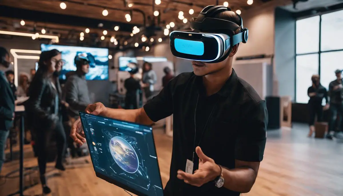 A person wearing a VR headset and interacting with a virtual world.
