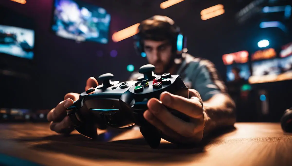 A close-up image of a gamer's hands holding a gaming controller, showcasing the intensity and focus of competitive gameplay.