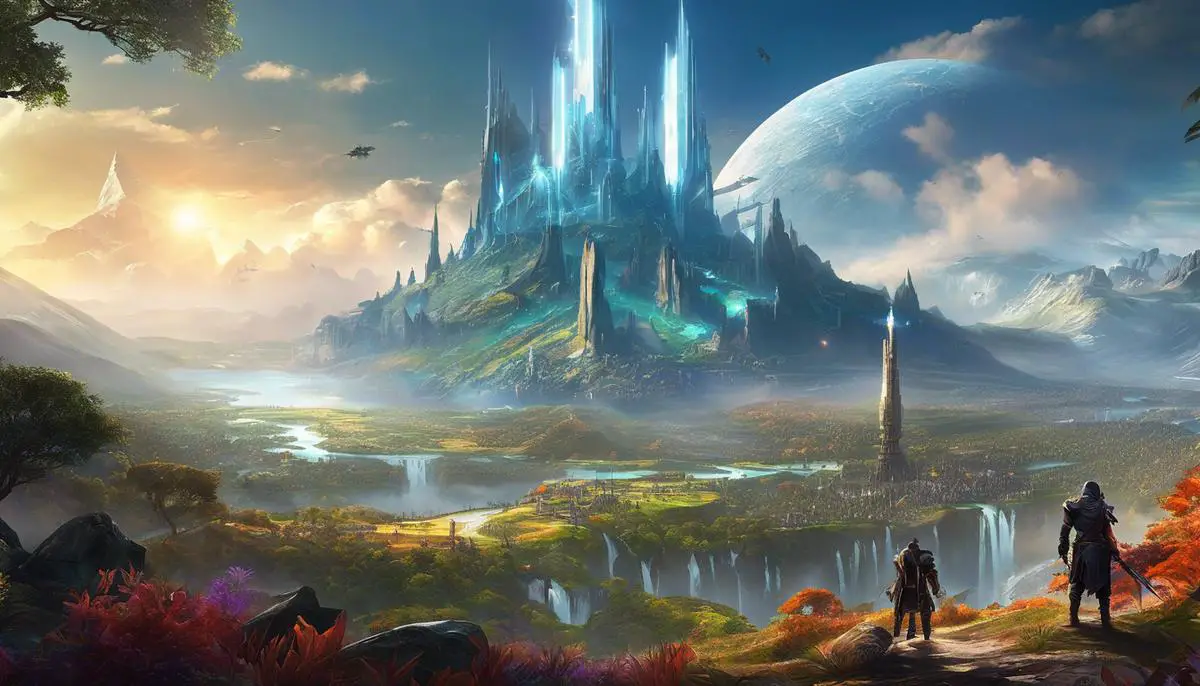 Visualization of a futuristic RPG world with vibrant landscapes, epic battles, and diverse characters.