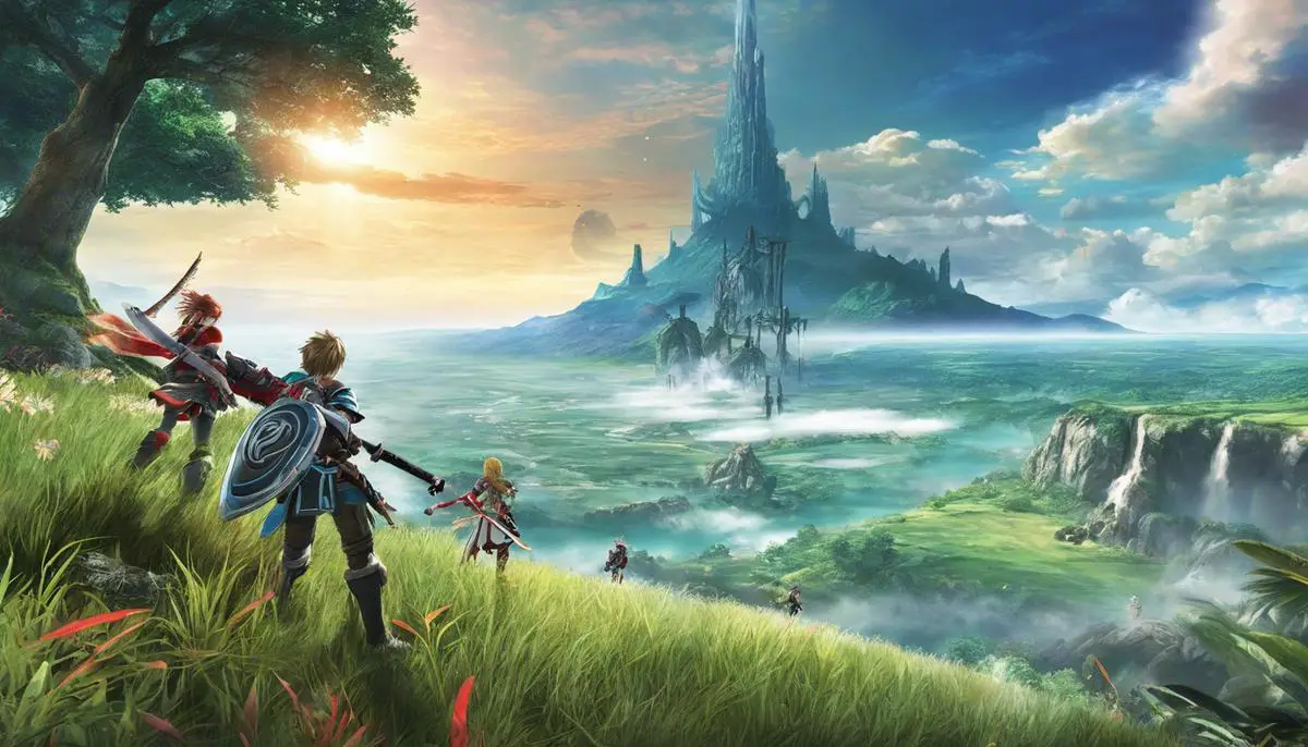 An image of Xenoblade Chronicles 3, showing a scenic landscape with characters exploring and engaging in combat in the foreground