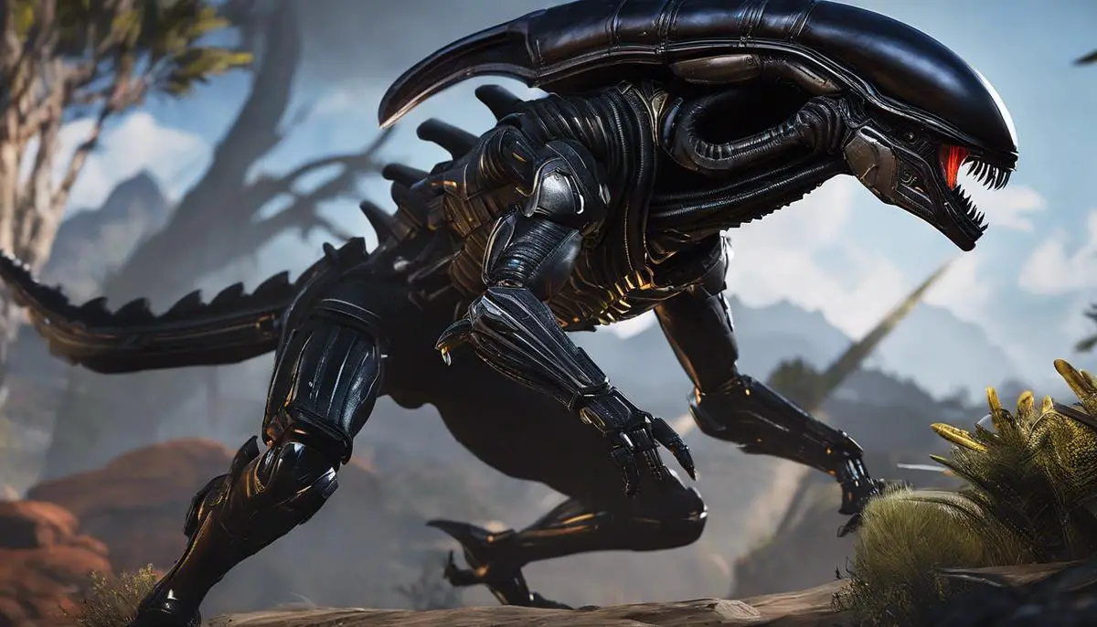 A visual representation of the Xenomorph skin in Apex Legends, showing a fearsome alien creature with sleek black armor and sharp claws ready for battle.
