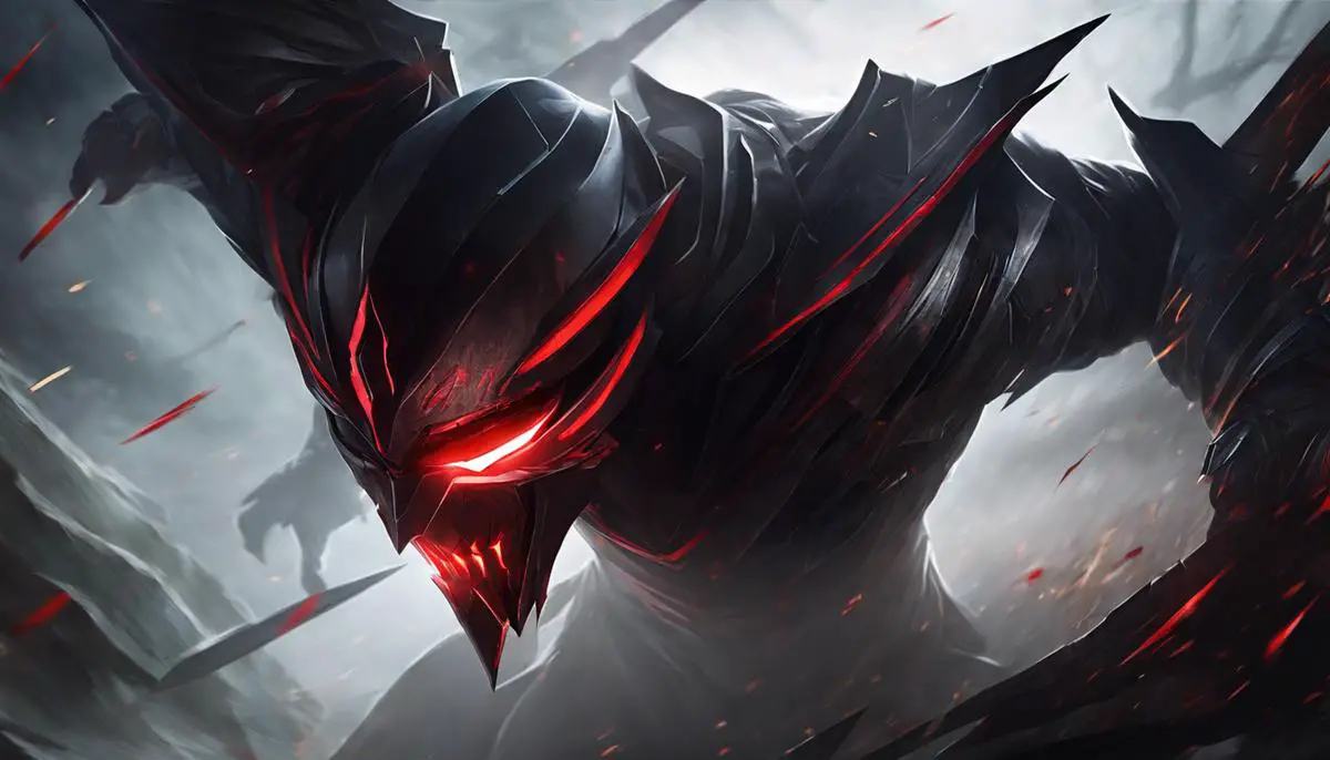 An image of Zed emerging from his shadow with glowing red eyes, ready to strike.