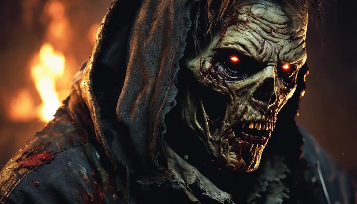 Image depicting the Zombie Brand skin with a creepy zombie character covered in tattered clothes and glowing, lifeless eyes, representing the eerie atmosphere and visuals of the skin.